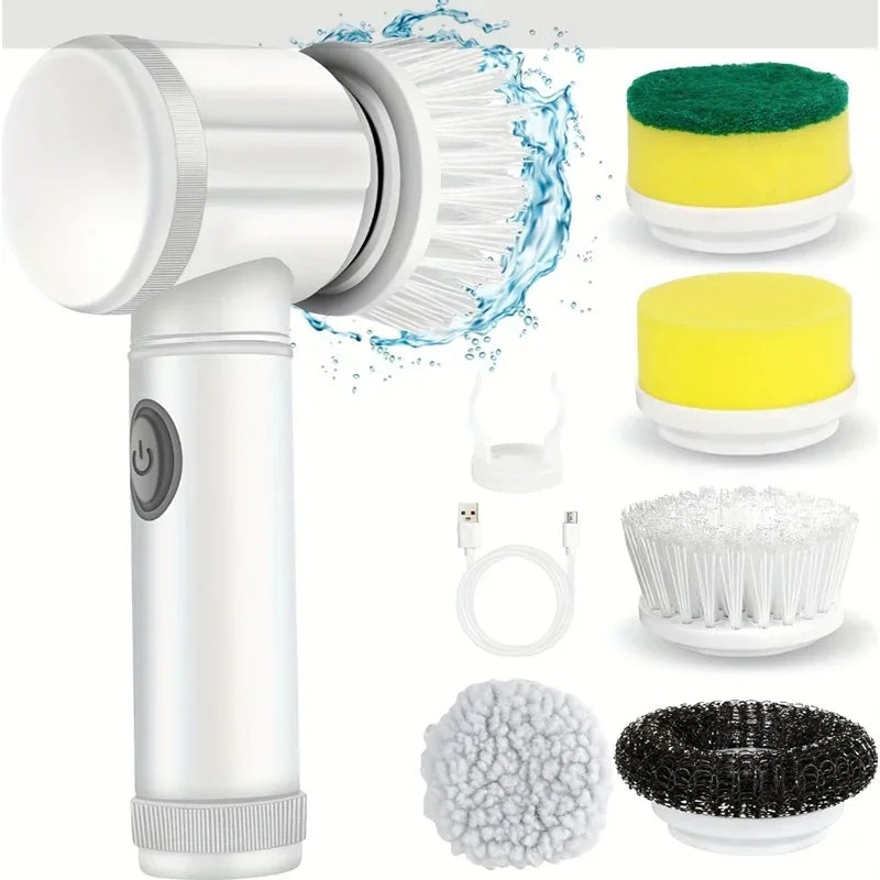 Lamp Post electric spin scrubber with five replaceable bathroom cleaning brush heads, ideal for deep cleaning bathroom surfaces.