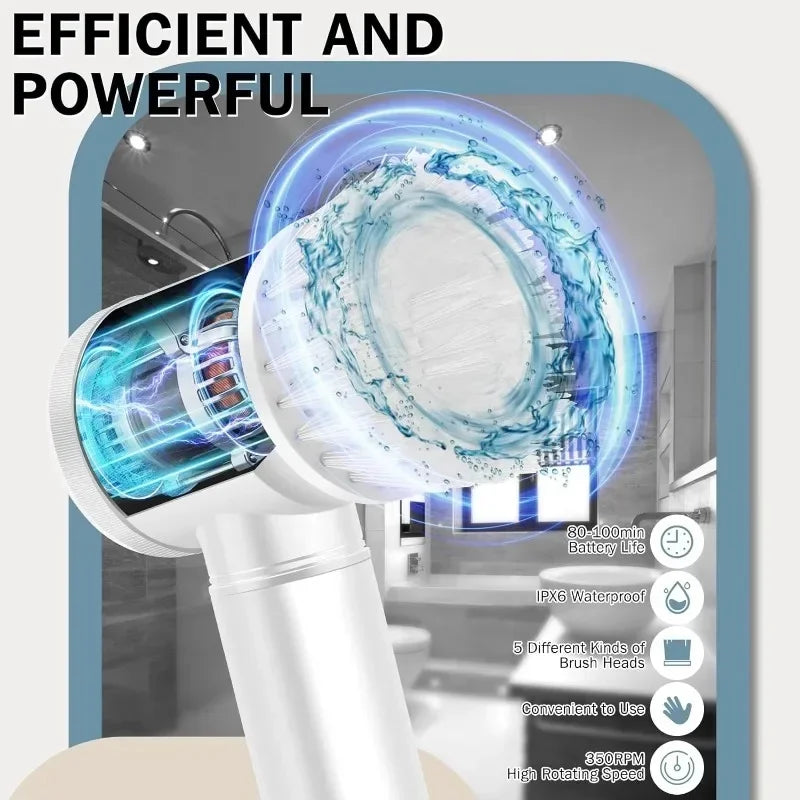 Electric Spin Scrubber by Lamp Post with five replaceable brush heads for efficient bathroom cleaning.