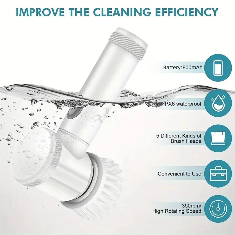 Lamp Post electric spin scrubber with five replaceable bathroom cleaning brush heads for efficient bathroom cleaning.