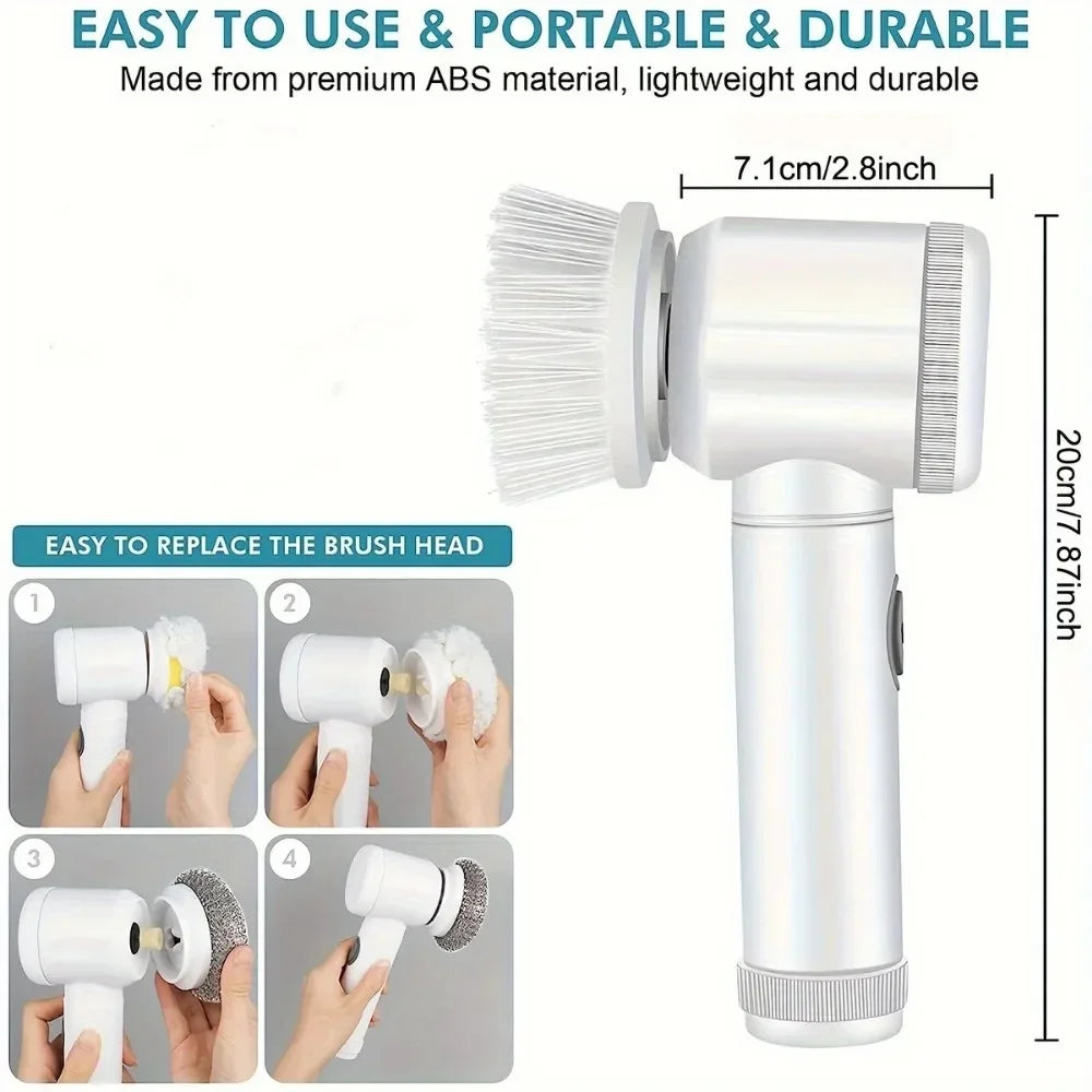 Lamp Post electric spin scrubber with 5 replaceable brush heads for bathroom cleaning, featuring a compact and ergonomic design.