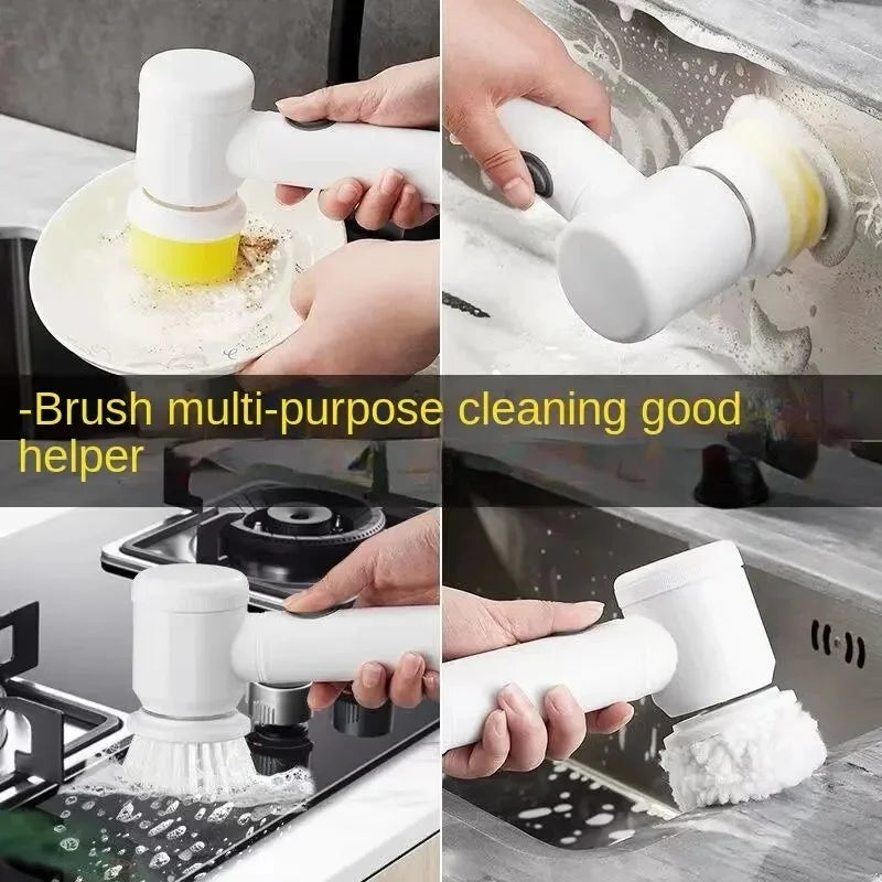 Electric Spin Scrubber by Lamp Post with 5 replaceable brush heads for efficient bathroom cleaning and scrubbing.