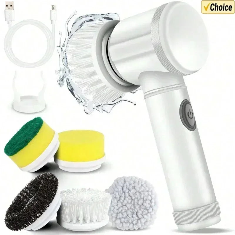 Electric spin scrubber bathroom cleaning brush with five replaceable heads by Lamp Post, ideal for thorough bathroom cleaning.