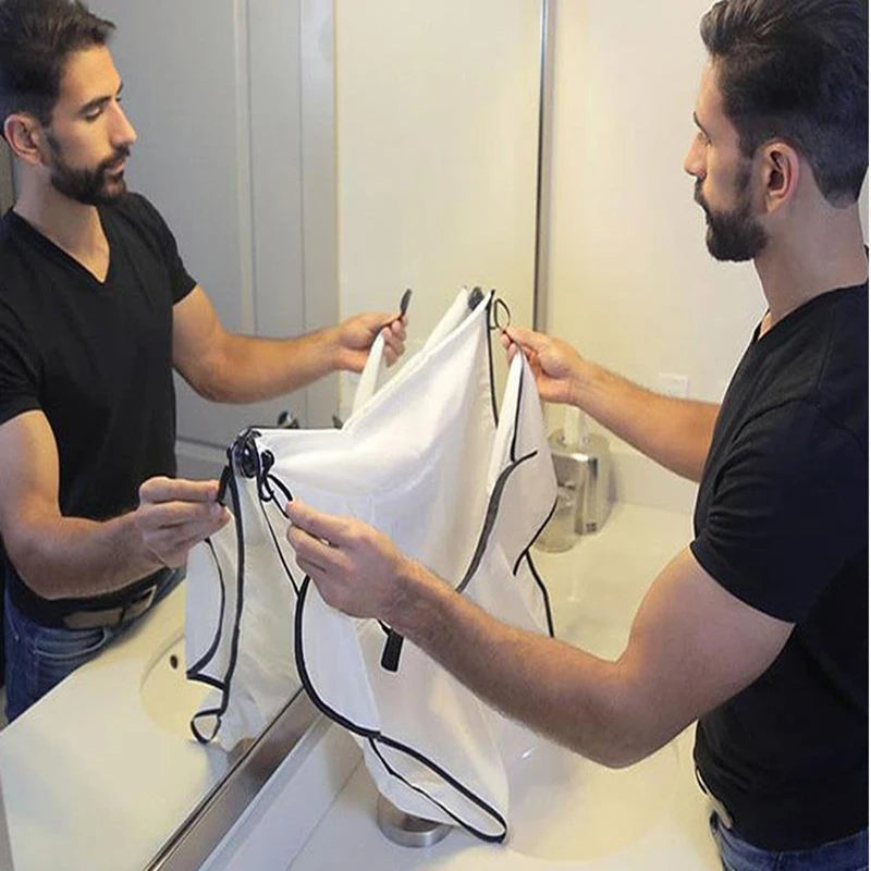 Black shaving cloth for bathroom by Lamp Post, designed for male beard trimming and grooming, made of durable bathroom tool material.
