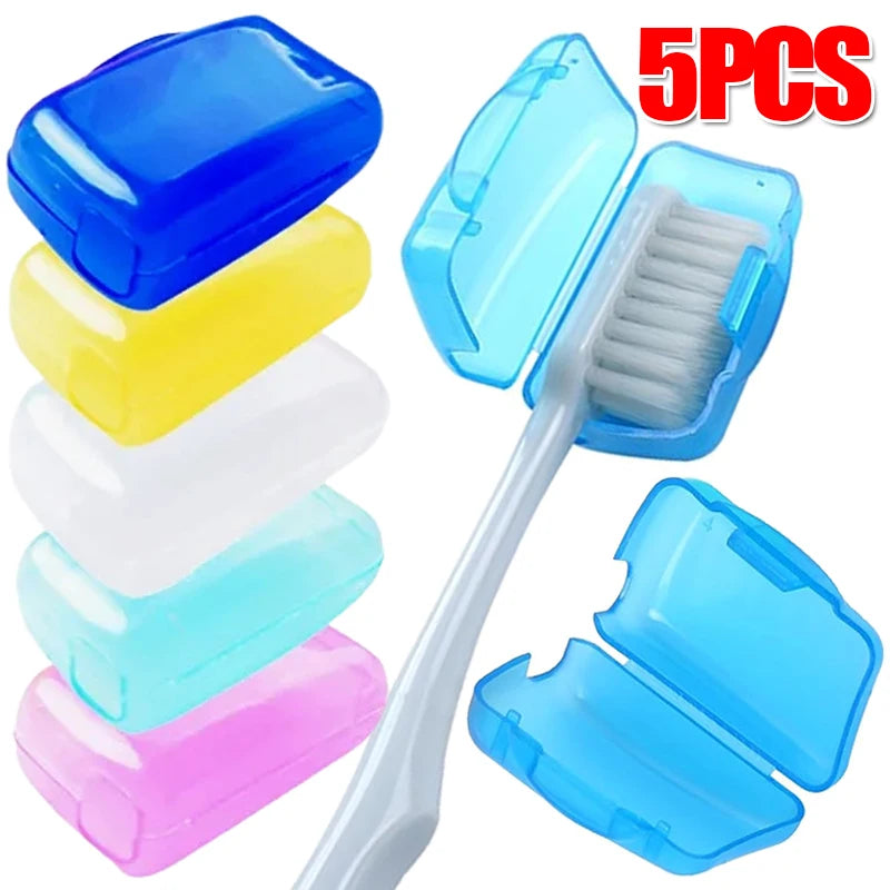 Set of five portable toothbrush head cover caps by Lamp Post, in various colors, designed for bathroom use to protect toothbrushes.