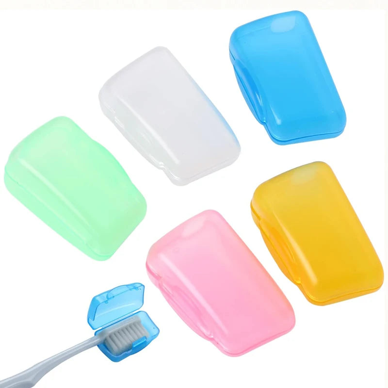 Set of five portable toothbrush head cover caps by Lamp Post, designed for bathroom use, in assorted colors to protect toothbrushes.