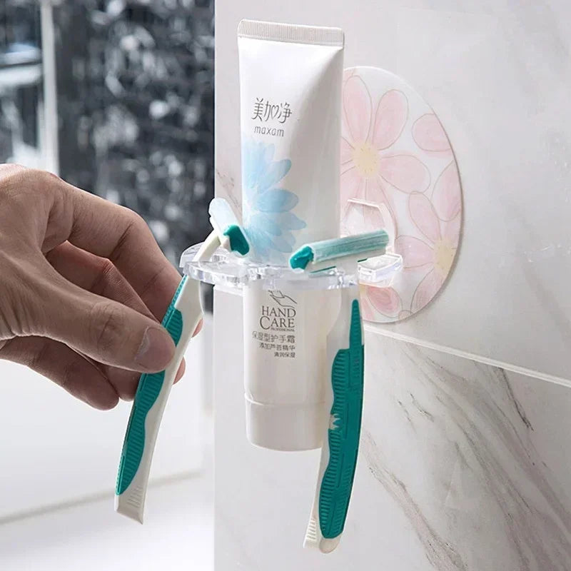 Lamp Post kids toothbrush holder stored on bathroom wall, transparent plastic rack for children's toothbrushes and bathroom gadgets.