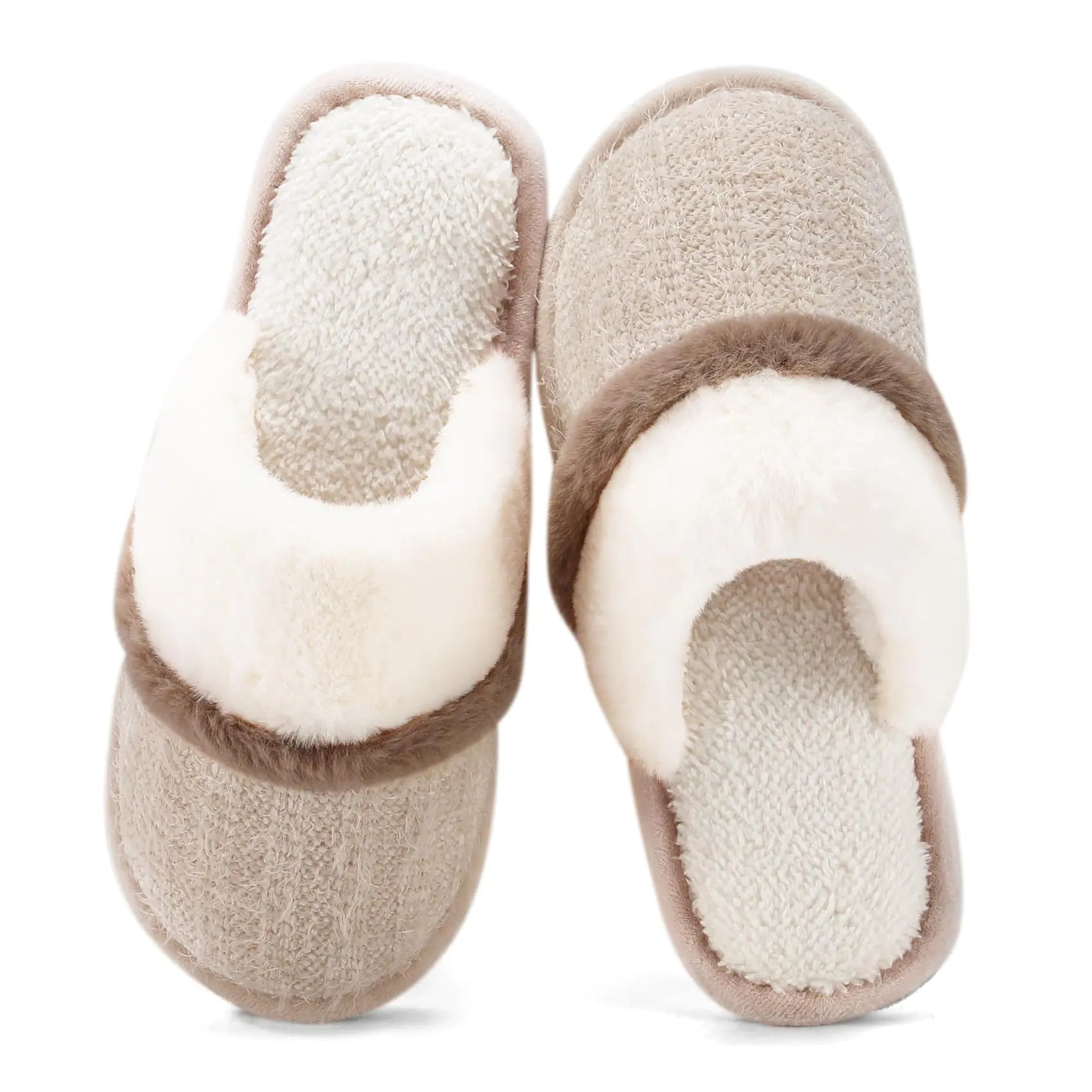 Beige fuzzy house shoes with memory foam by Lamp Post, featuring soft plush material for comfort for women and men.