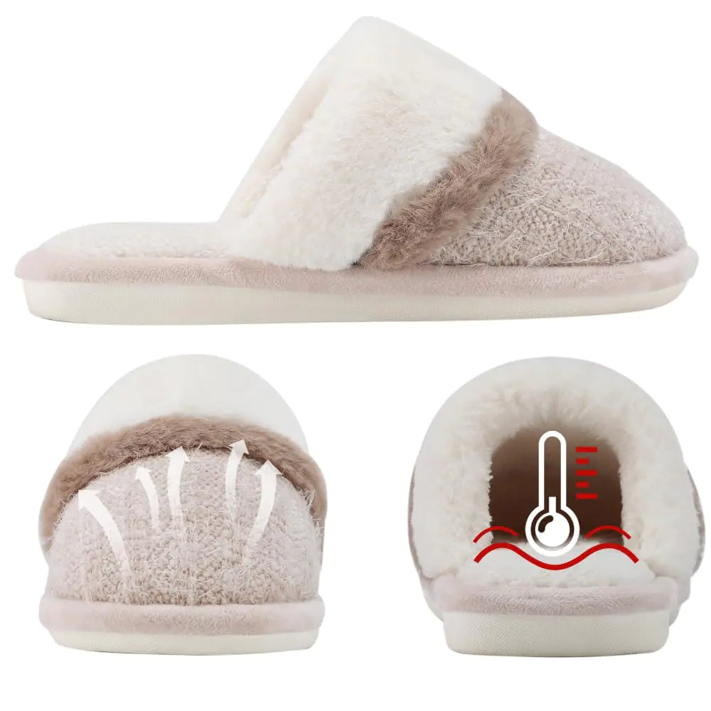 Beige fuzzy house shoes with memory foam by Lamp Post, designed for women and men, cozy indoor footwear.