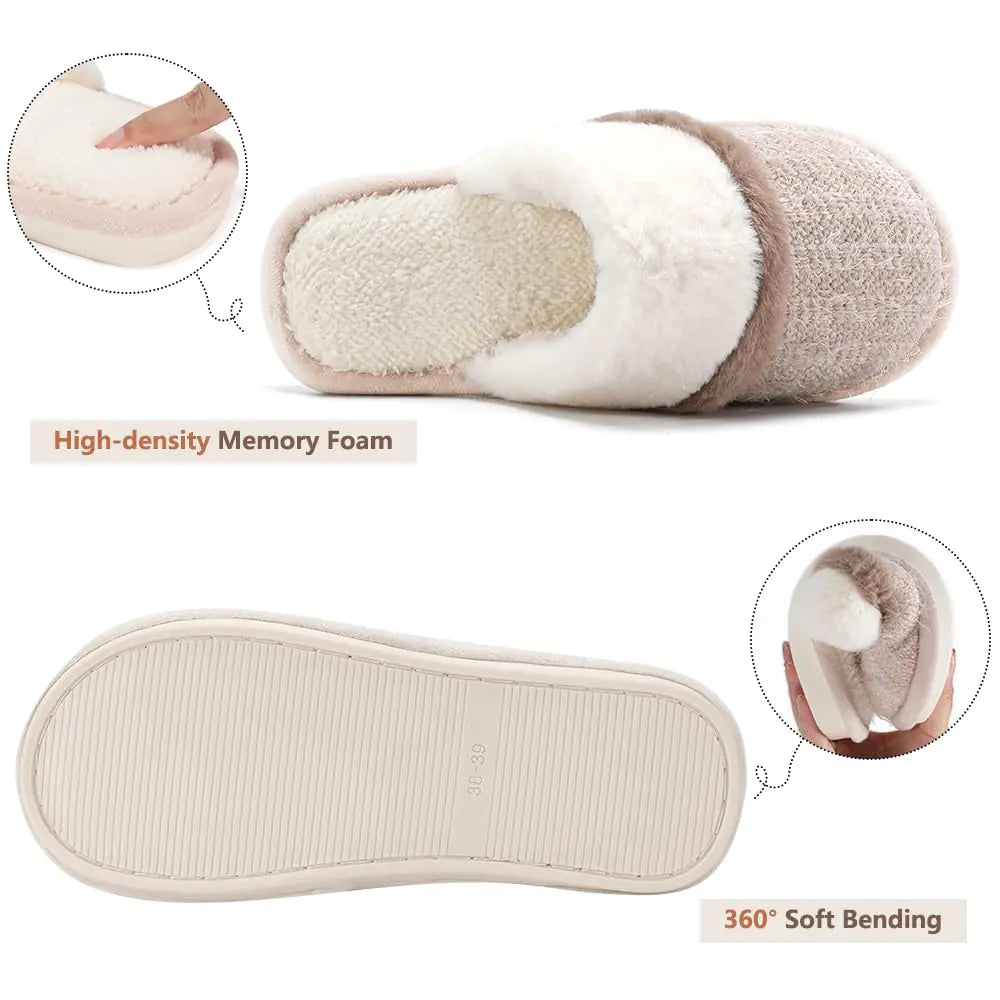Beige fuzzy house shoes with memory foam by Lamp Post, suitable for women and men, shown on a plain background