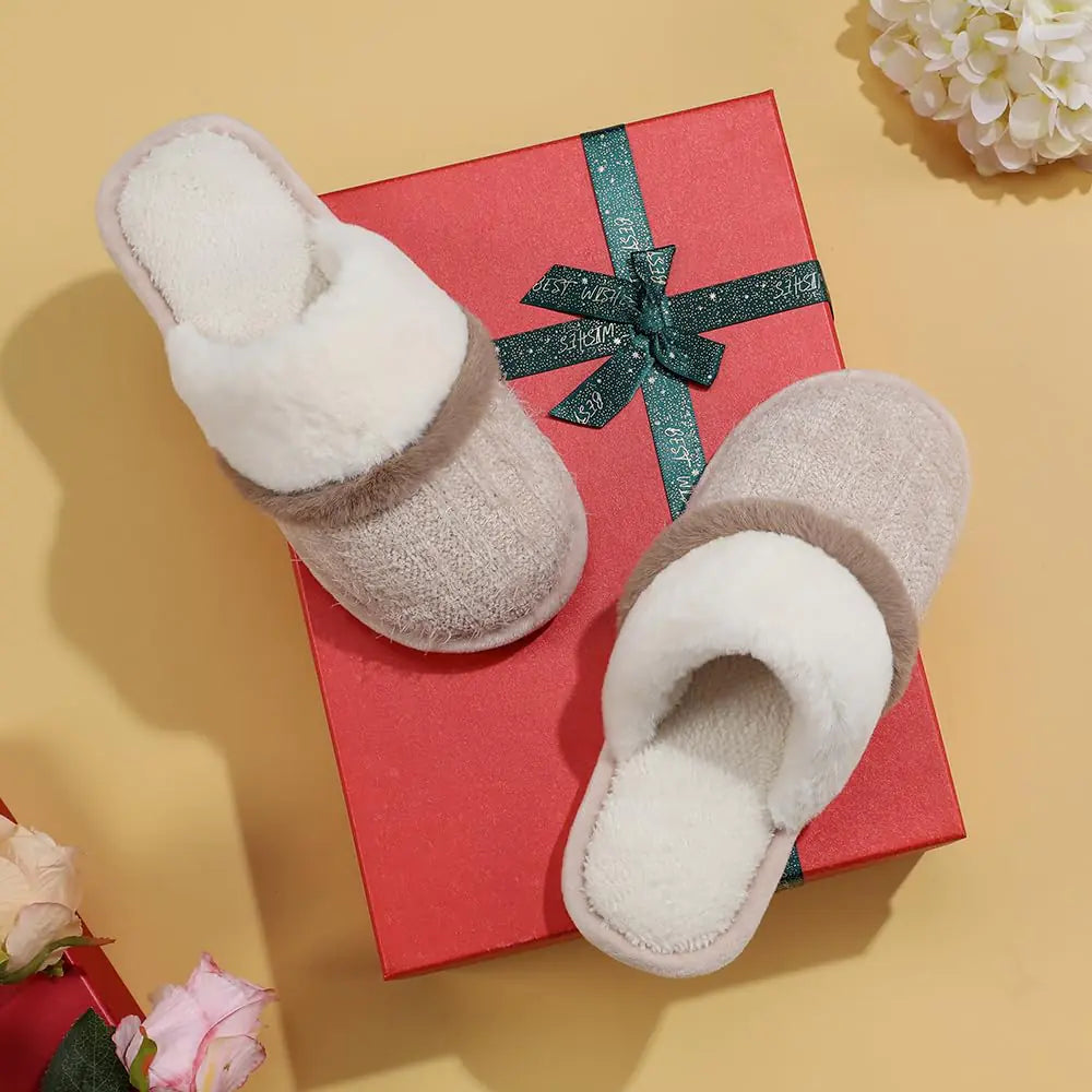 Beige fuzzy house shoes with memory foam from Lamp Post, designed for women and men, cozy indoor footwear.