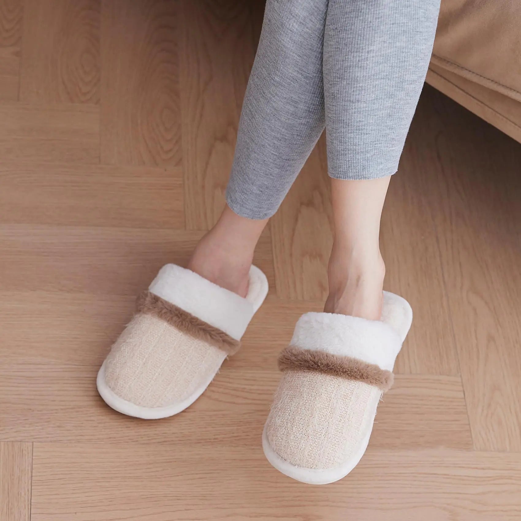 Beige fuzzy house shoes with memory foam by Lamp Post, designed for women and men, cozy indoor footwear.