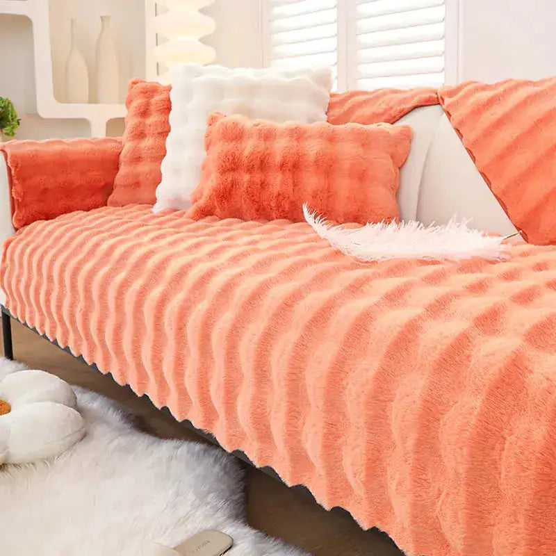 Beige Lamp Post non-slip sofa cover showing textured fabric and snug fit on a corner sofa.