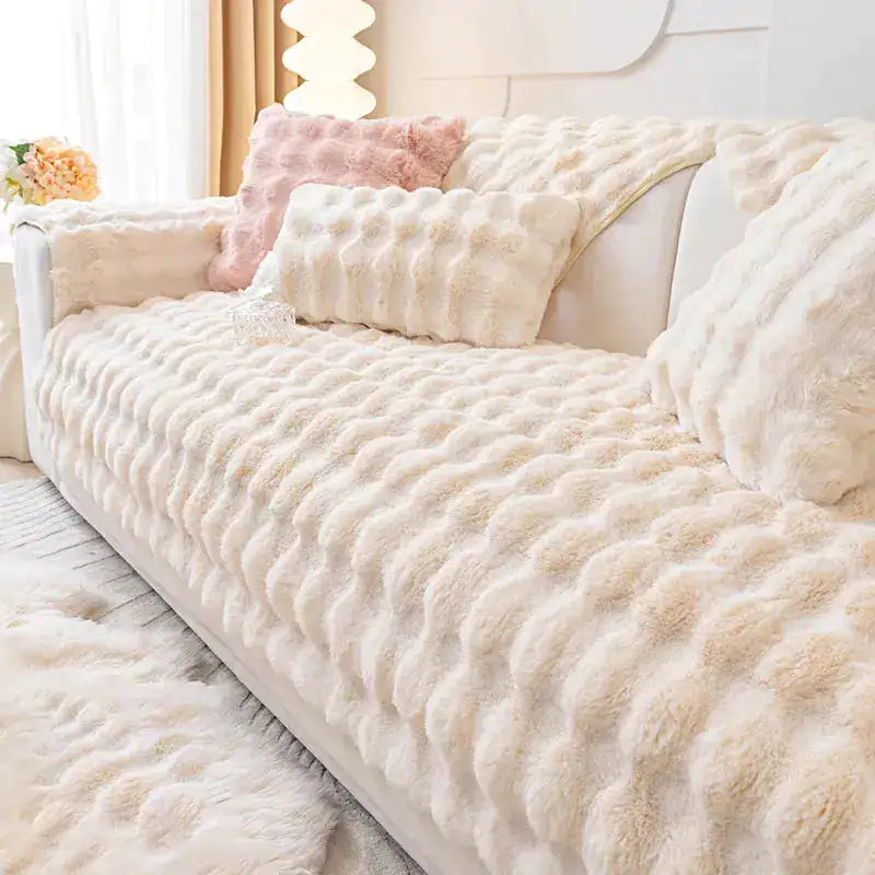 Beige Lamp Post non-slip sofa cover draped over a sofa, showcasing its textured fabric and secure fit.