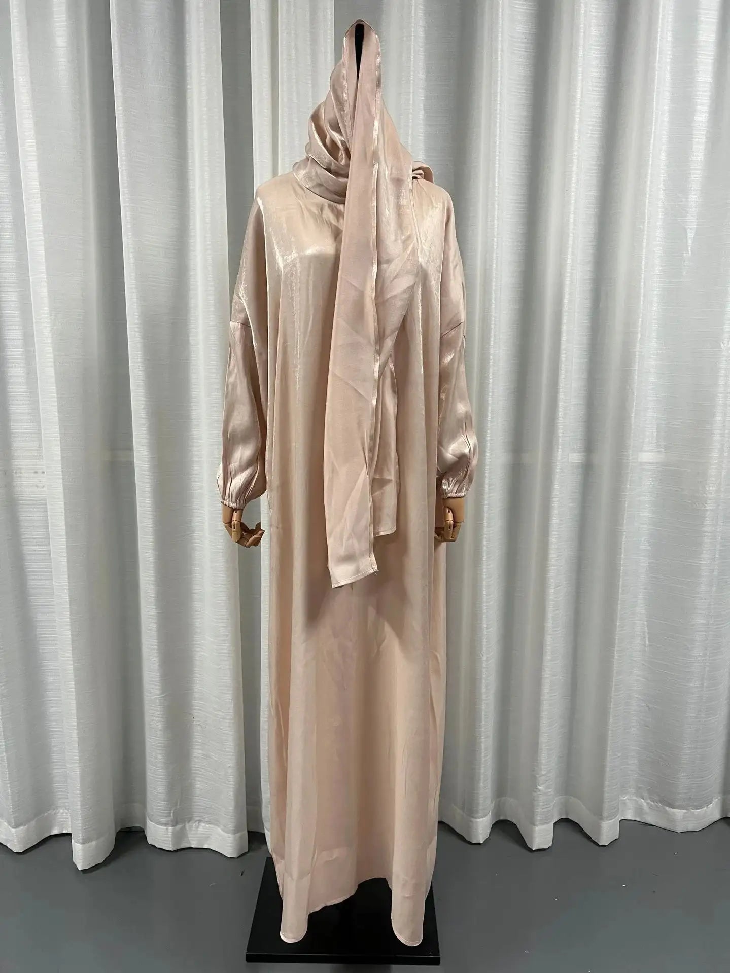 Beige summer abaya dress for women by Lamp Post, flowing lightweight fabric with long sleeves and a relaxed fit.