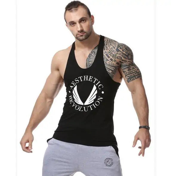 Black men's bodybuilding tank top by Lamp Post, showcasing a sleeveless athletic shirt with a fitted design for workout focus.