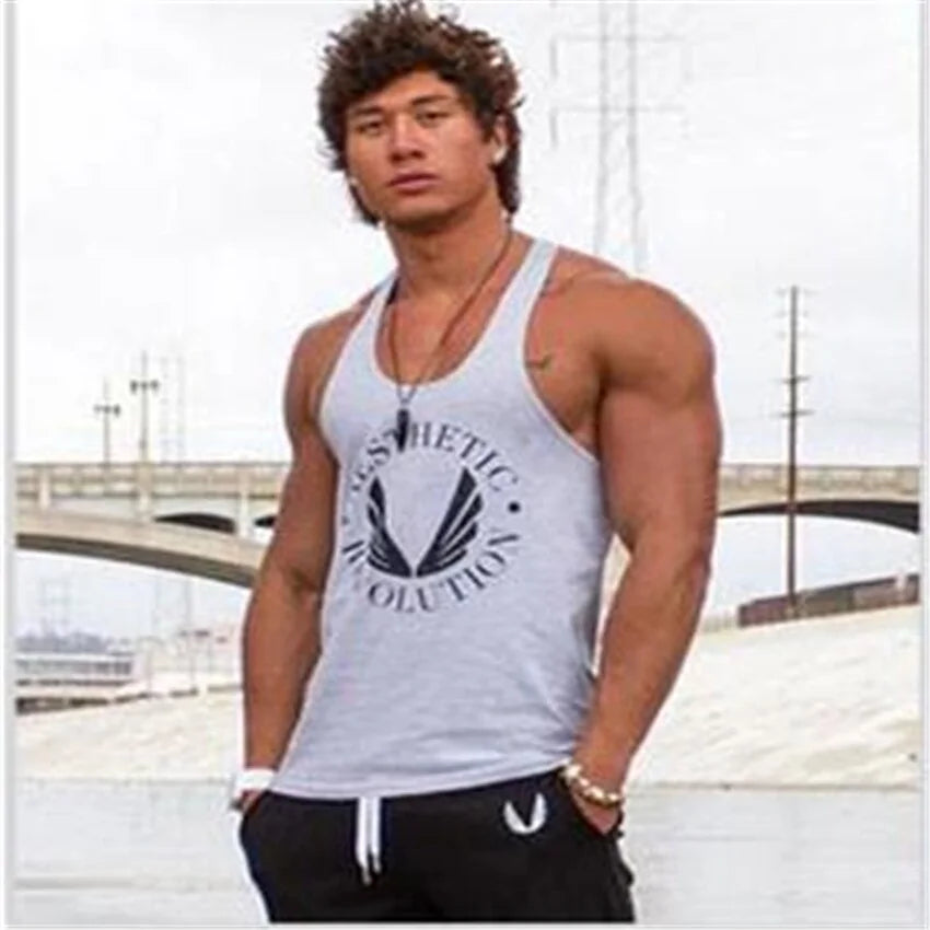 Black men's bodybuilding tank top by Lamp Post, showcasing a fitted athletic design for fitness and training.