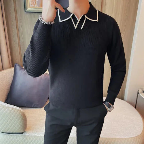 Black men's winter knitted lapel jacket by Lamp Post, showcasing a warm, stylish, and cozy outerwear for cold weather.