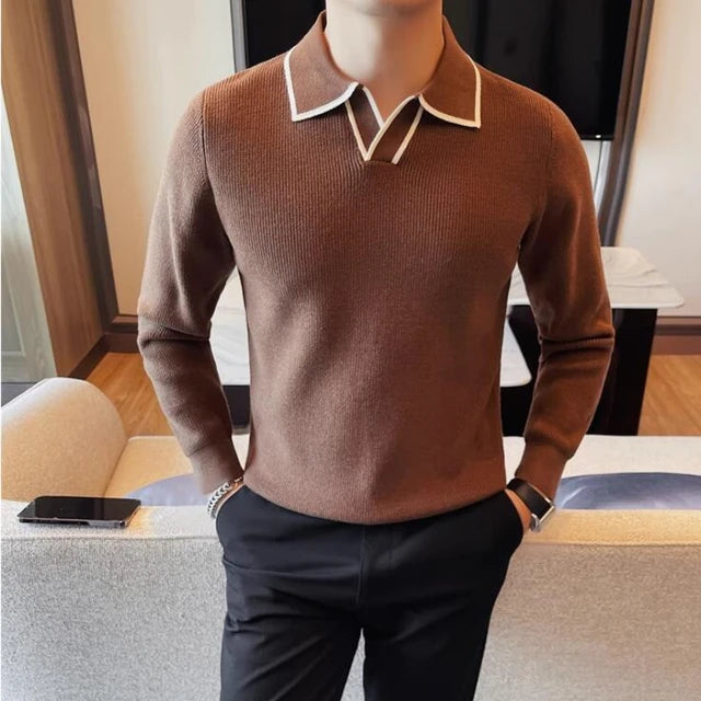 Black men's knitted winter coat with lapel collar from Lamp Post, designed for warmth and style.