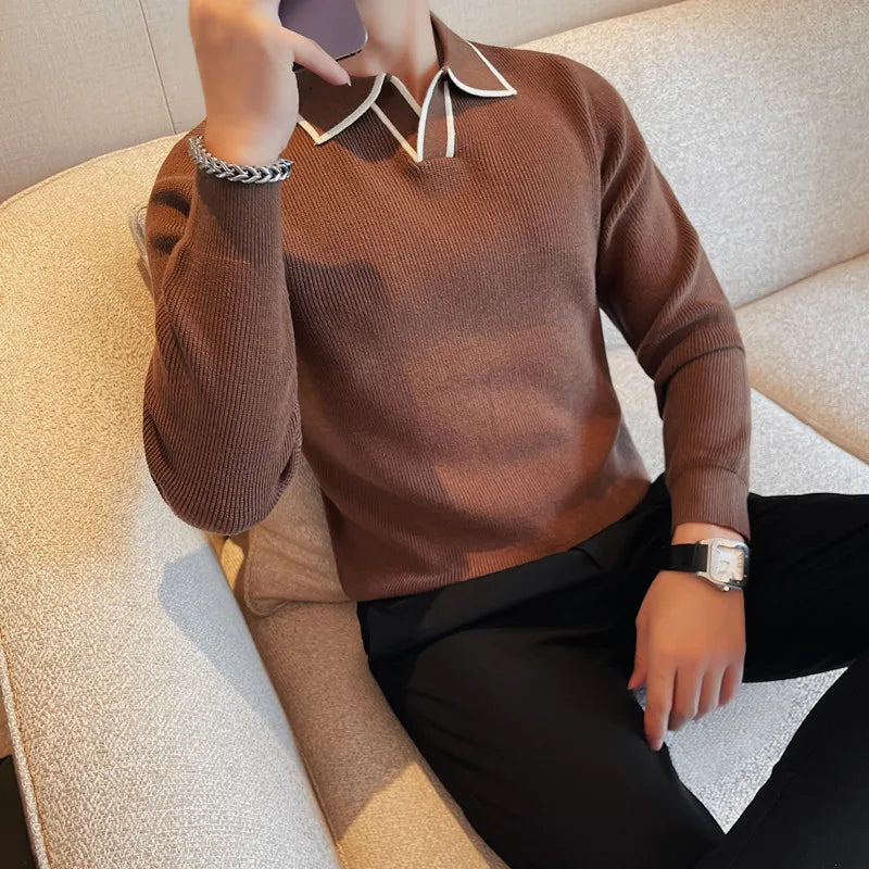 Black men's knitted winter jacket with lapel collar by Lamp Post, designed for warmth and style.