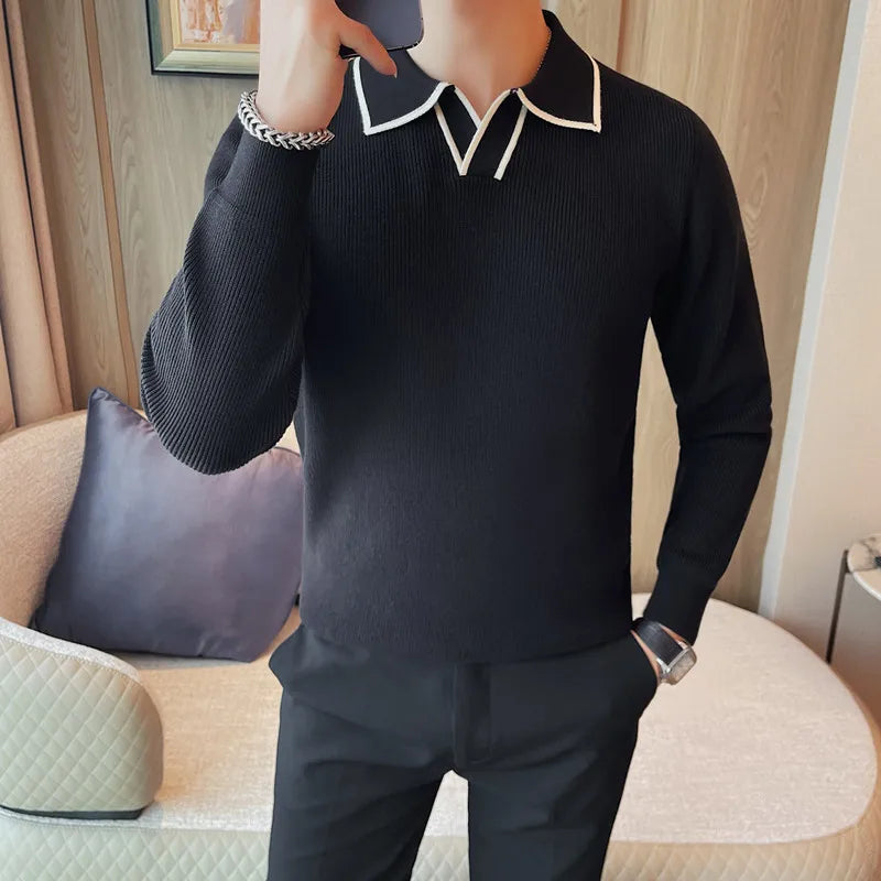 Black men's winter knitted lapel jacket from Lamp Post, shown on a 172cm, 68kg model, suitable for warmth and style.