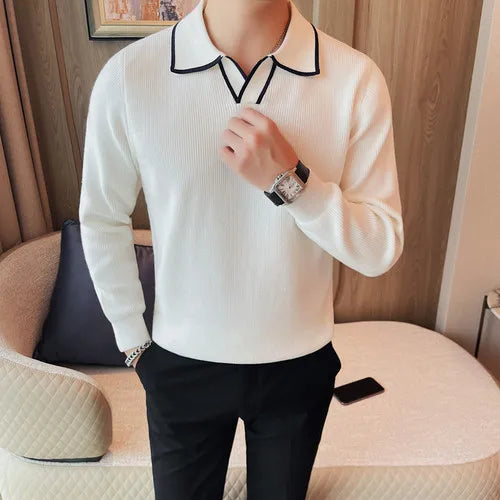 Black men's winter knitted blazer with lapel from Lamp Post, designed for warmth and style, worn by a tall Asian man.
