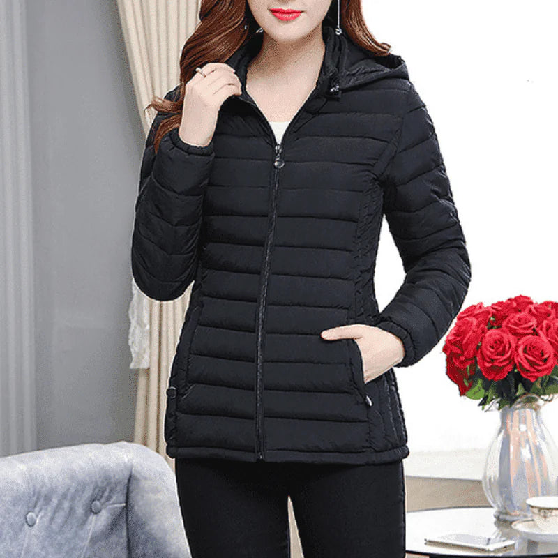 Black Lamp Post extra-small puffer coat with a quilted design, featuring a hood and lightweight insulation.