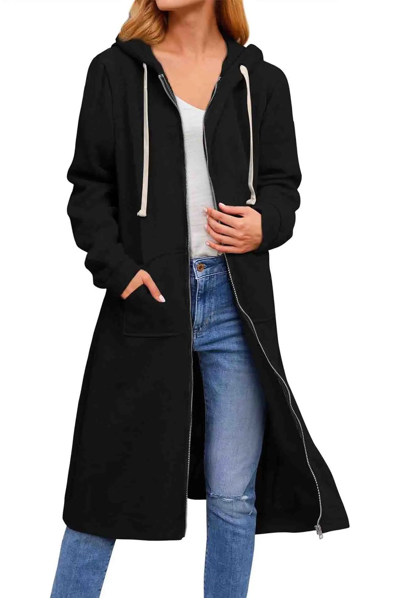 Black Lamp Post women’s hooded jacket with a large hood, front pockets, and a slim fit design perfect for casual outdoor wear.