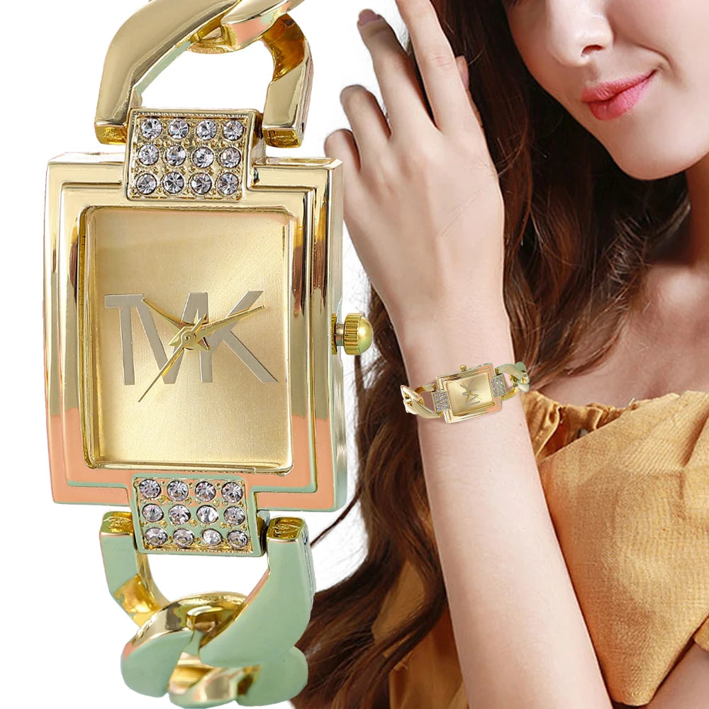 Luxury Lamp Post women's square quartz watch with a black metal strap, elegant style, perfect for fashionable women.