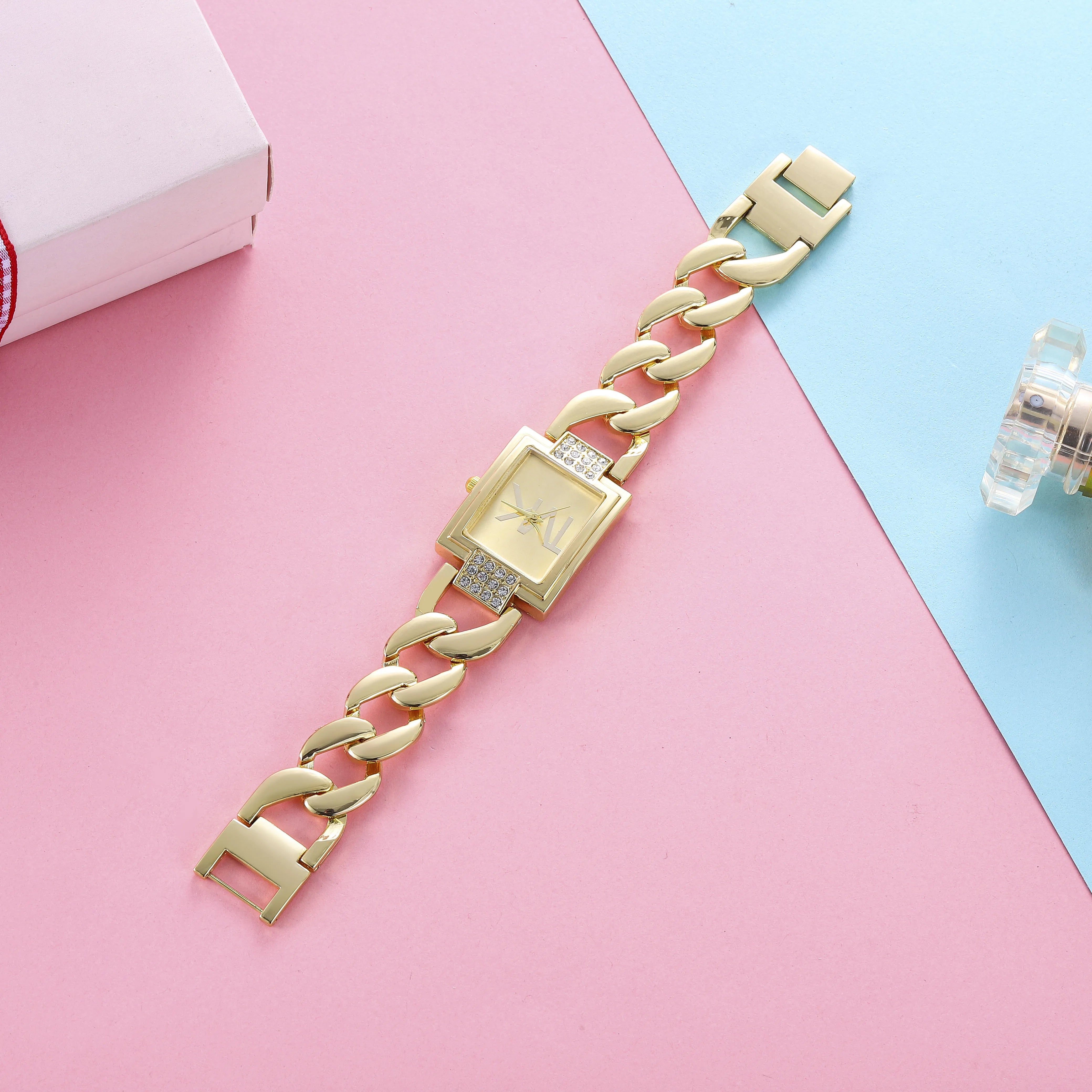 Black luxury women's watch by Lamp Post featuring an elegant square metal strap and trendy quartz movement.
