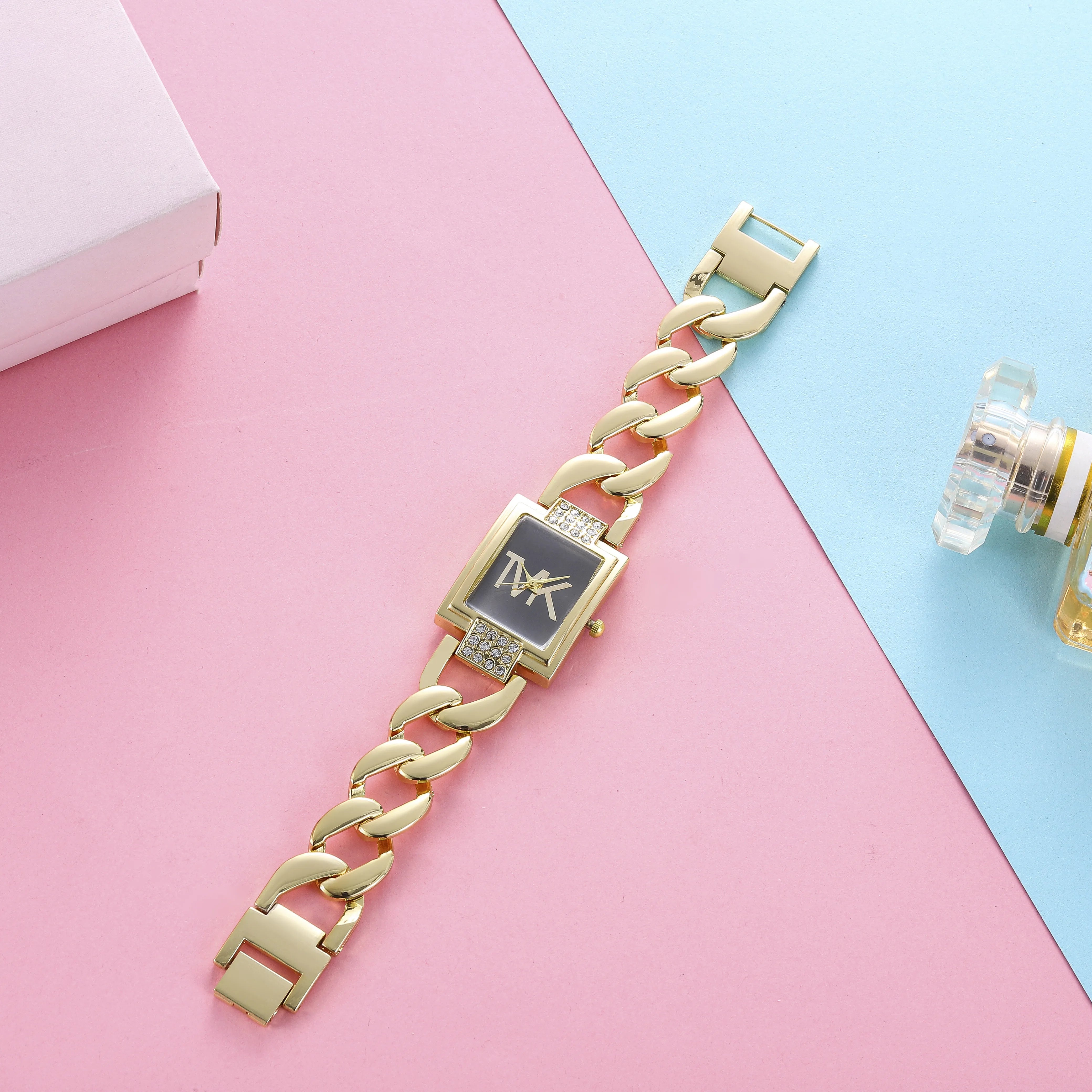 Luxury Lamp Post women's fashion watch with a black metal strap, square face, elegant style, and trendy quartz movement.