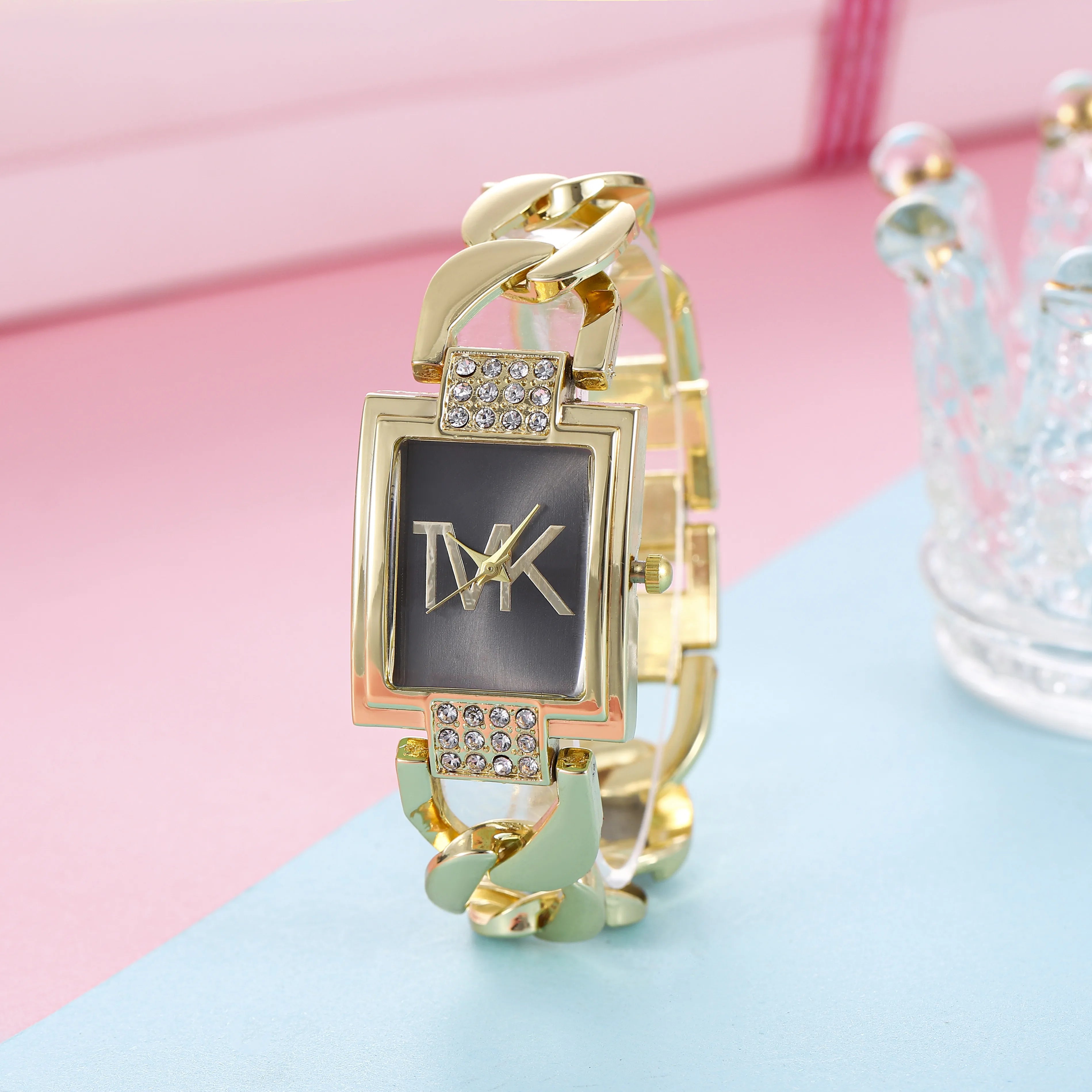 Elegant Lamp Post women's luxury watch with a black square metal strap, trendy quartz movement, and stylish fashion design.