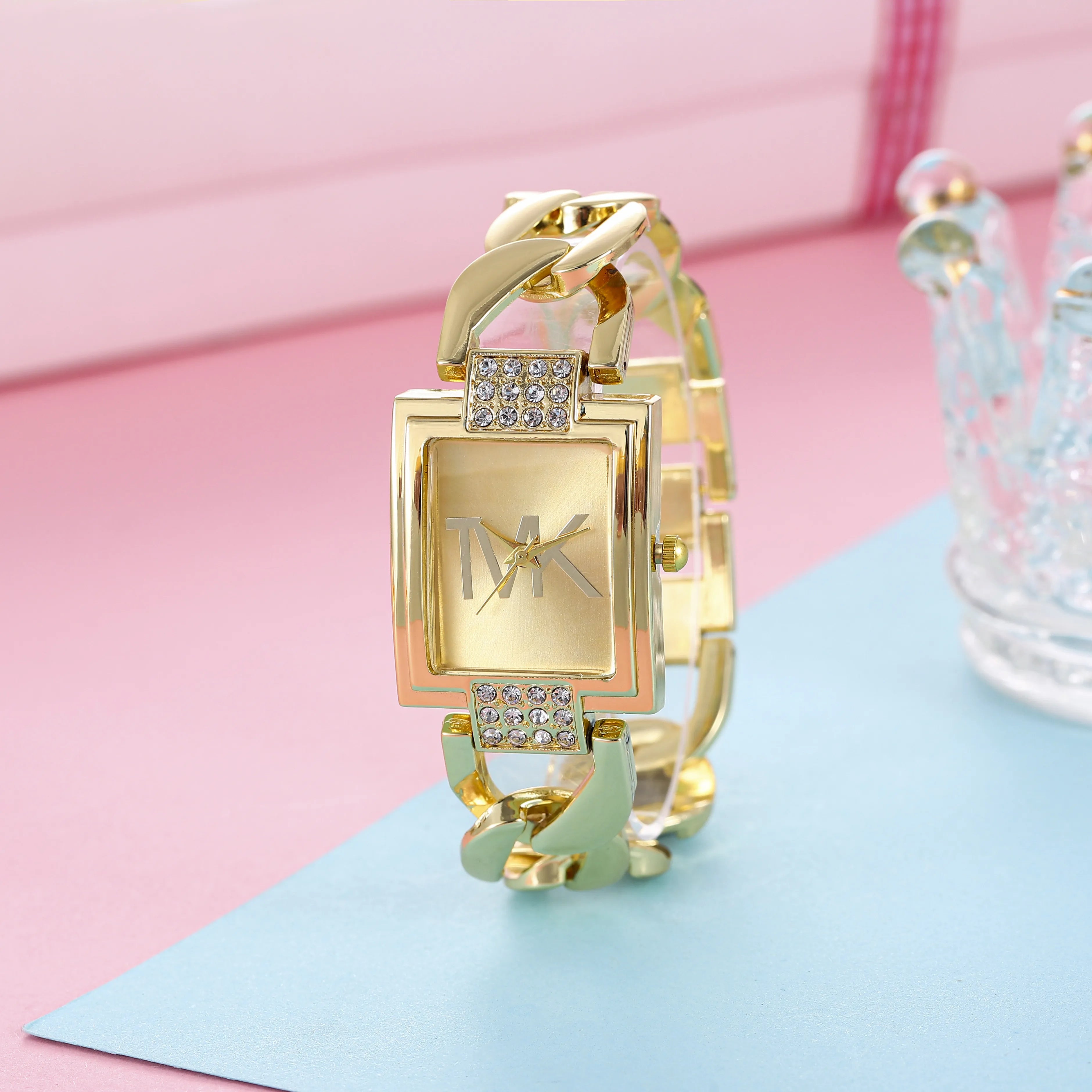Luxury Lamp Post women's watch with a black metal strap, square face, elegant style, trendy quartz movement for women.