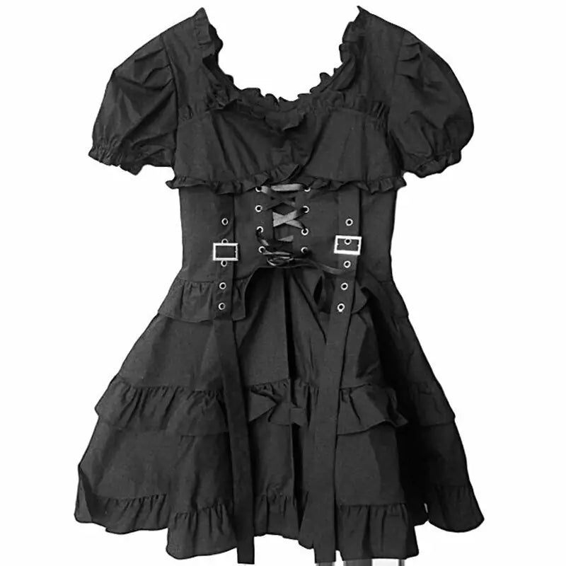 Gothic women’s black dress by Lamp Post, featuring a fitted design with lace details and long sleeves, suitable for gothic fashion styles.