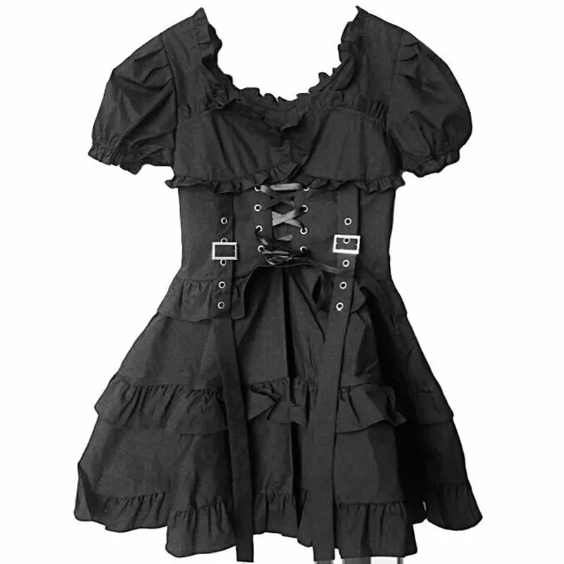 Black Gothic women’s dress by Lamp Post, features a stylish, elegant design with lace and fitted silhouette, suitable for gothic fashion.