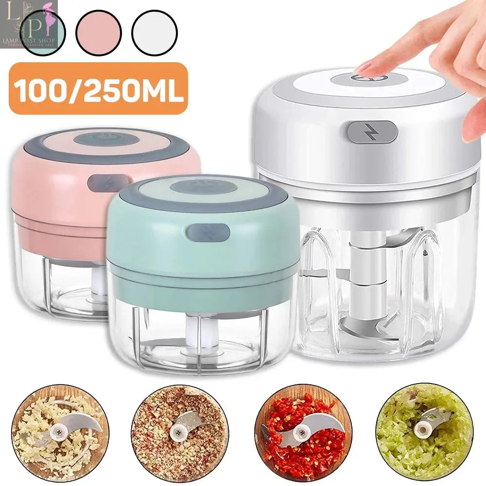 Pink Lamp Post Mini Electric Garlic Chopper Blender with 100ml capacity, compact 3-in-1 design, ideal for garlic and herbs.
