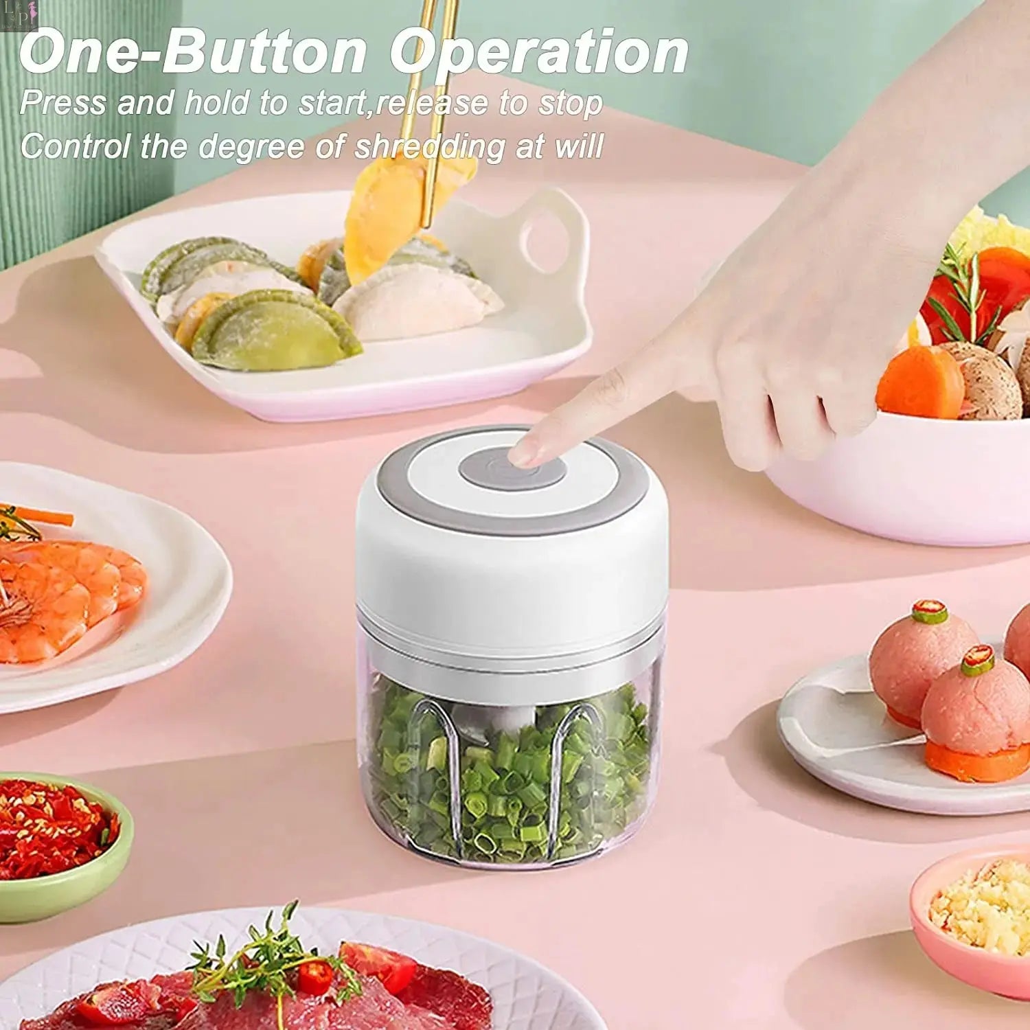 Pink Lamp Post Mini Electric Garlic Chopper Blender with 100ml capacity and 3-in-1 functionality, compact kitchen tool.