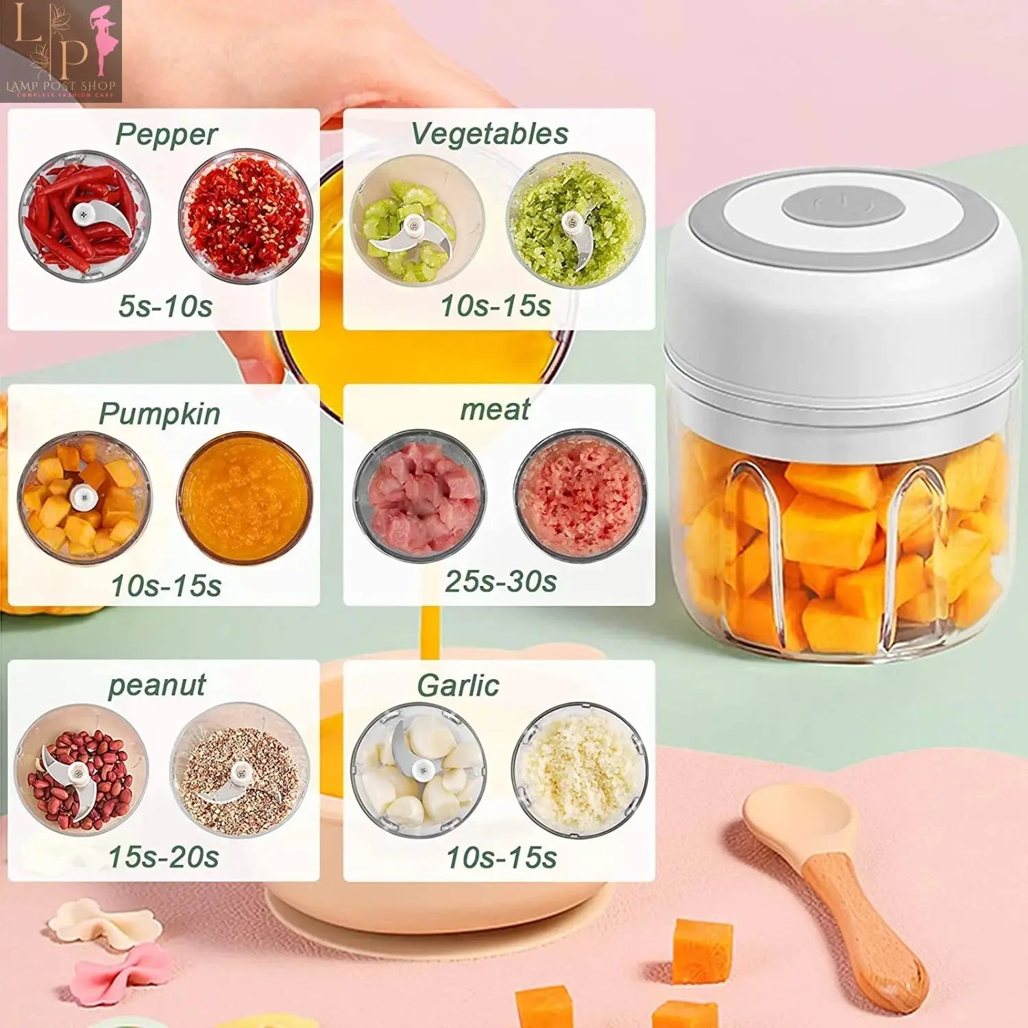 Pink Lamp Post Mini Electric Garlic Chopper Blender, 100ml, 3-in-1 compact kitchen appliance with garlic and herb chopping features.