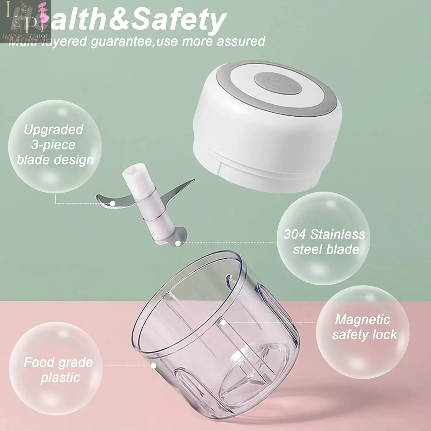Pink Lamp Post Mini Electric Garlic Chopper Blender, 100ml, 3-in-1 compact kitchen appliance for garlic and herbs.