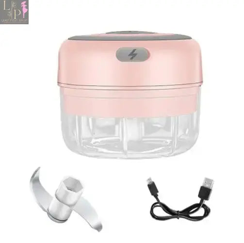 Pink mini electric garlic chopper by Lamp Post, compact 3-in-1 blender for garlic and herbs, 100ml capacity.