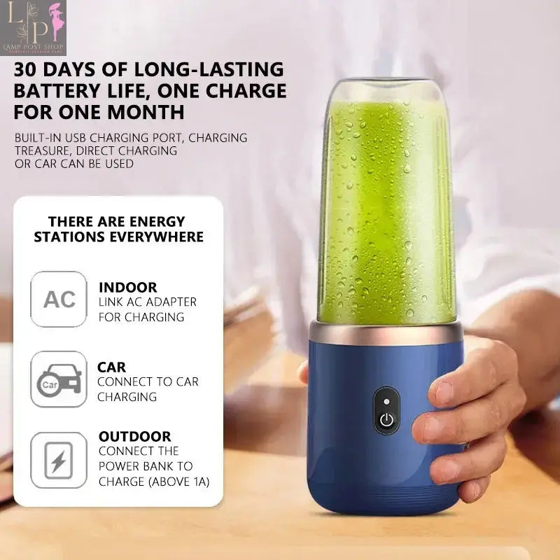Pink portable Lamp Post juicer blender with a compact design, showing the blender's sleek body and blending jar.