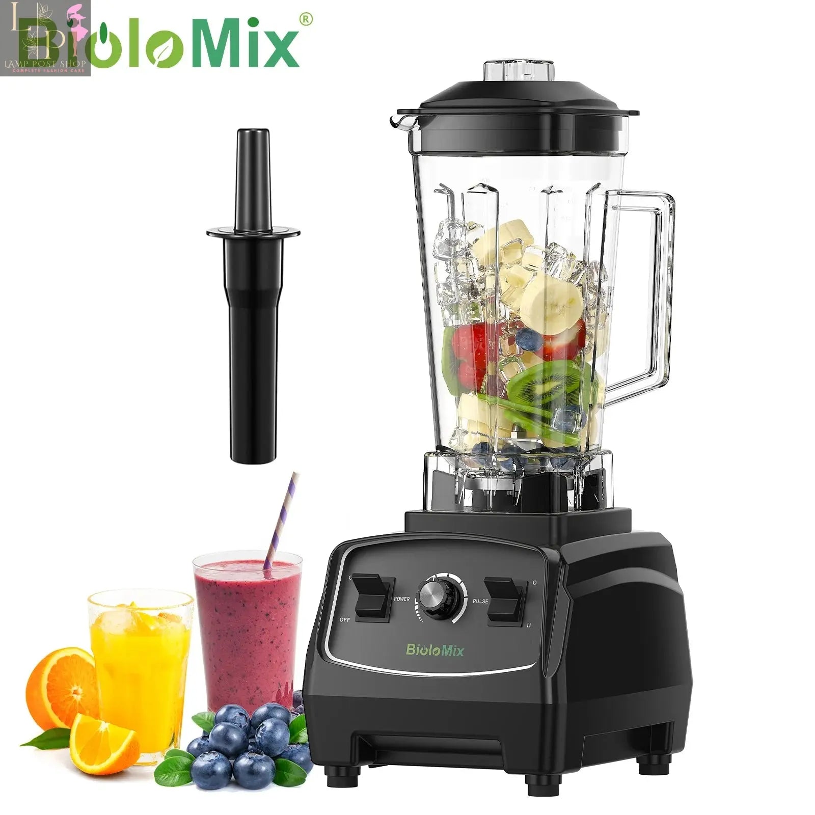 Red Lamp Post commercial smoothie blender with BPA-free body, 3HP motor, 2200W power, heavy-duty design, US plug, and stainless steel blades.
