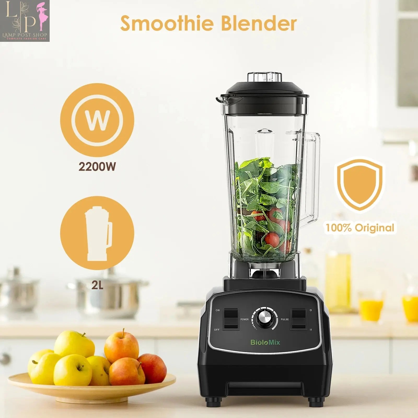 Red Lamp Post commercial smoothie fruit blender with BPA-free design, 3HP, 2200W heavy-duty motor, US plug, for commercial use