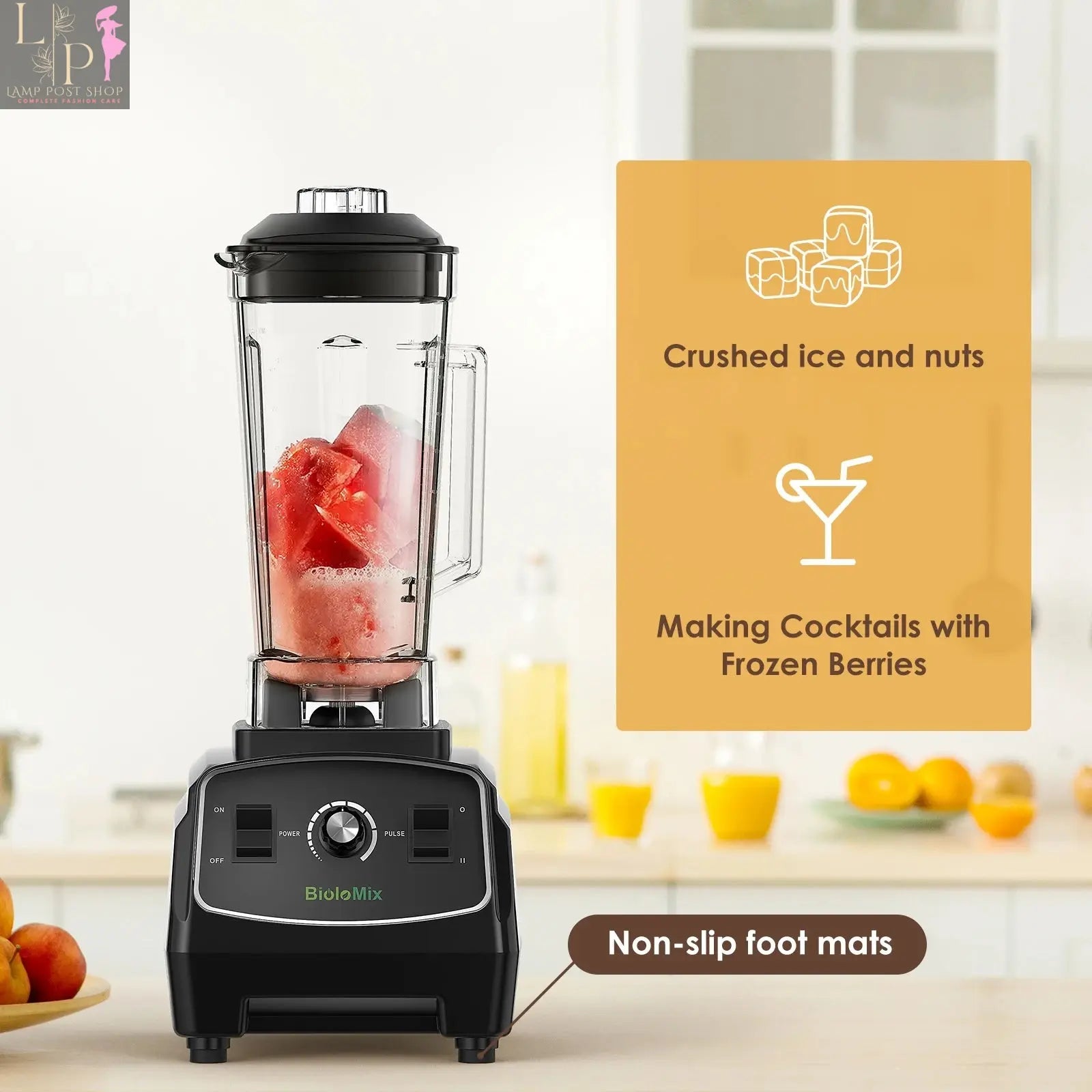 Red Lamp Post commercial blender with BPA-free jar, 3HP, 2200W heavy-duty motor, featuring sharp blades and US plug.