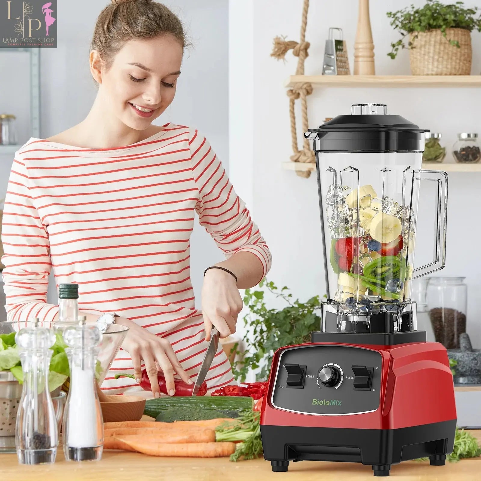 Red Lamp Post commercial smoothie fruit blender with 3HP 2200W motor, BPA-free, heavy-duty design, US plug, ideal for blending fruits.