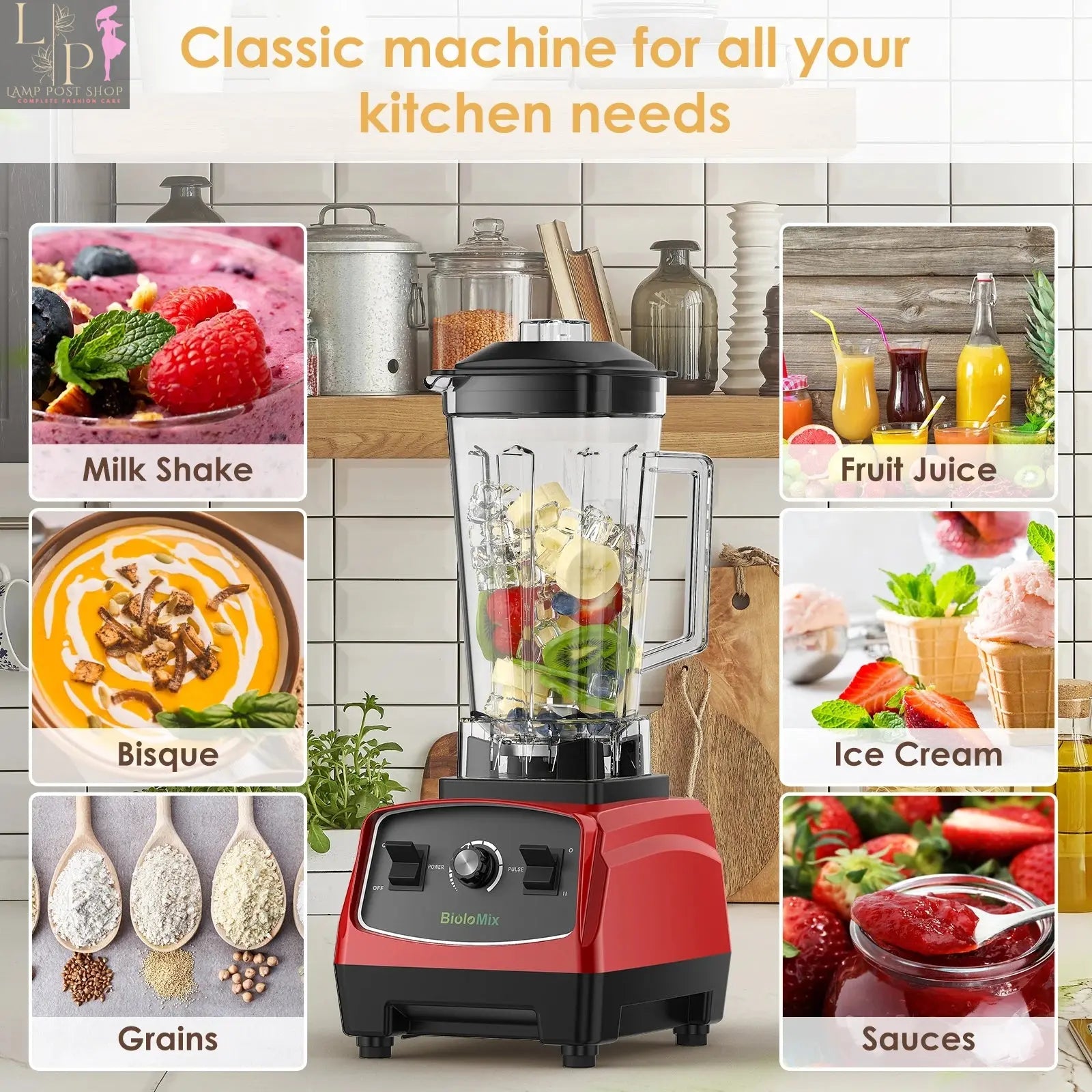 Red Lamp Post commercial smoothie fruit blender with BPA-free construction, 3HP, 2200W heavy-duty motor, US plug, for commercial use.