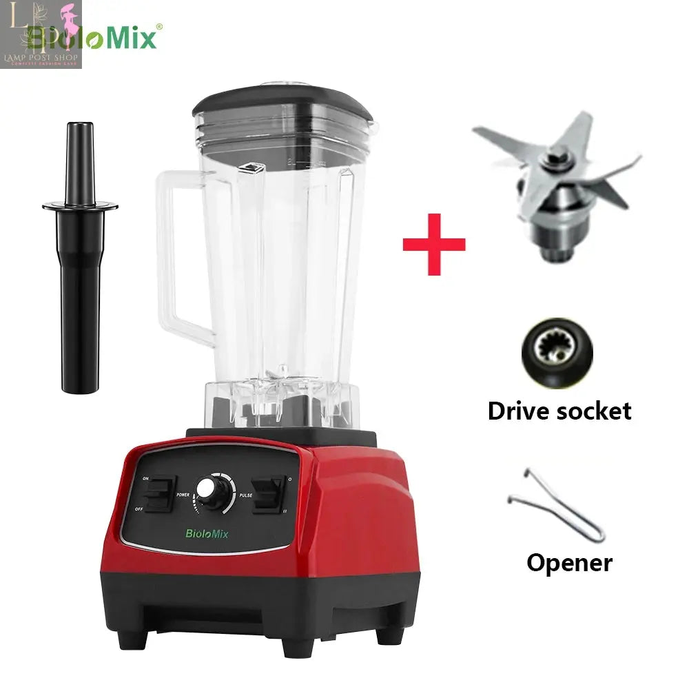 Red Lamp Post commercial smoothie fruit blender with BPA-free container, 3HP, 2200W heavy-duty motor, US plug and durable blades.