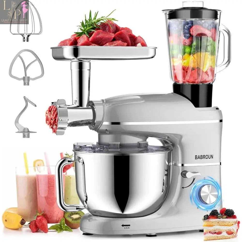 Lamp Post 6-in-1 electric kitchen mixer with 6.5QT bowl, glass jar, and meat grinder, ideal for versatile blending and food prep.