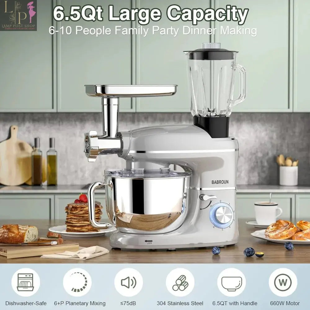Lamp Post 6-in-1 electric kitchen mixer with 6.5QT bowl, glass jar, and meat grinder attachment, ideal for versatile food preparation