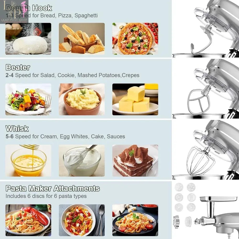 Lamp Post 6-in-1 electric kitchen mixer with 6.5QT bowl, glass jar, and meat grinder attachment, ideal for versatile food prep.