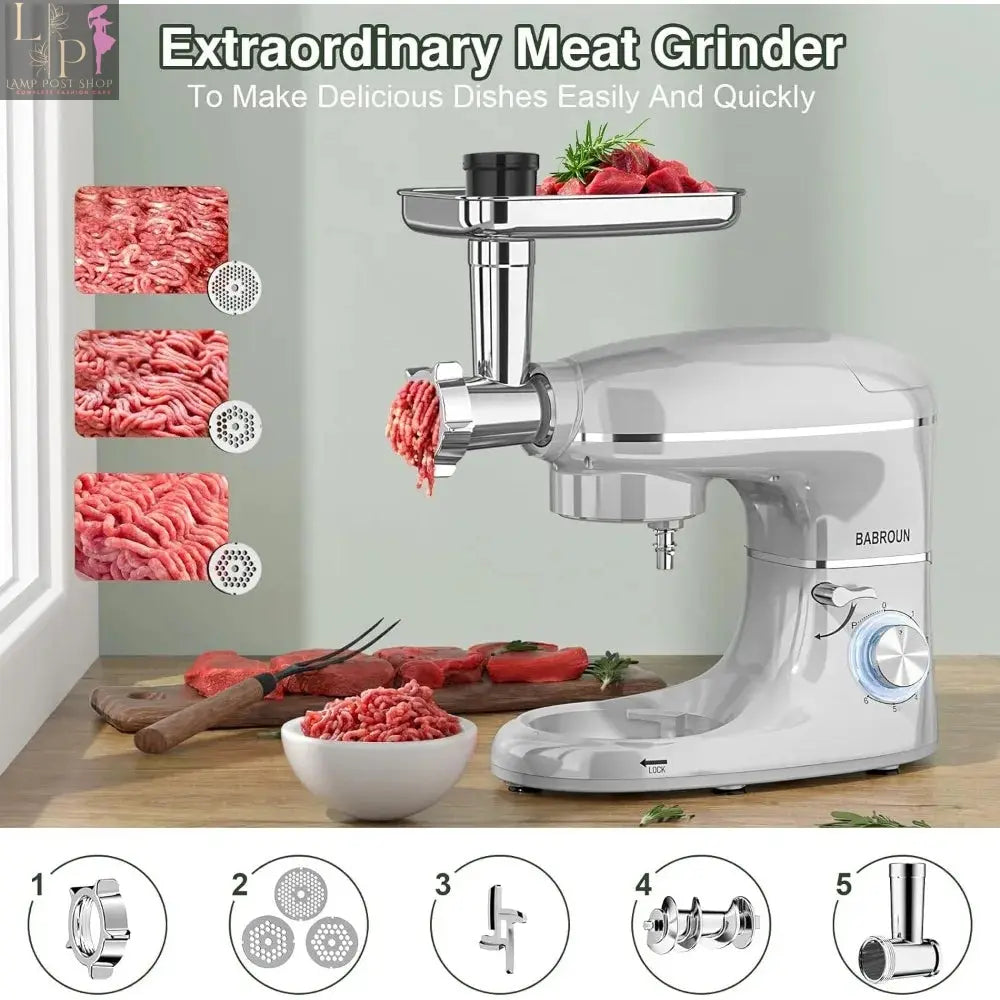 Lamp Post 6-in-1 electric kitchen mixer with 6.5QT bowl, glass jar, and meat grinder for versatile blending and food preparation.
